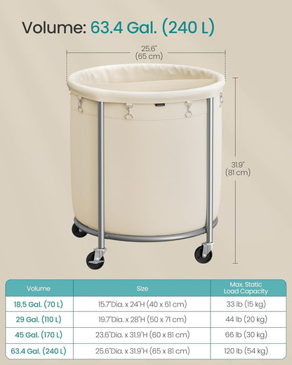 63.5-Gallon (240 L) Laundry Basket with Wheels, Rolling round Heavy-Duty Laundry Hamper Cart with Steel Frame and Removable Bag, 2 Locking Wheels, Cream White and Metallic Silver URLS012W01