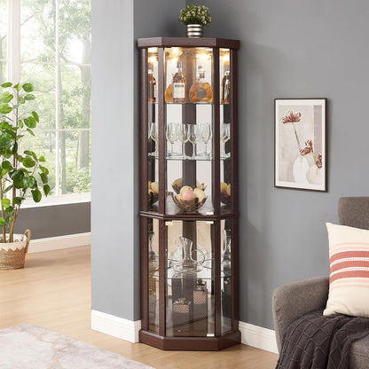 69" H Lighted Corner Curio Cabinet Display Case with Adjustable Shelves, Tempered Glass, Mirrored Back Panel for Living Room (Dark Cherry)