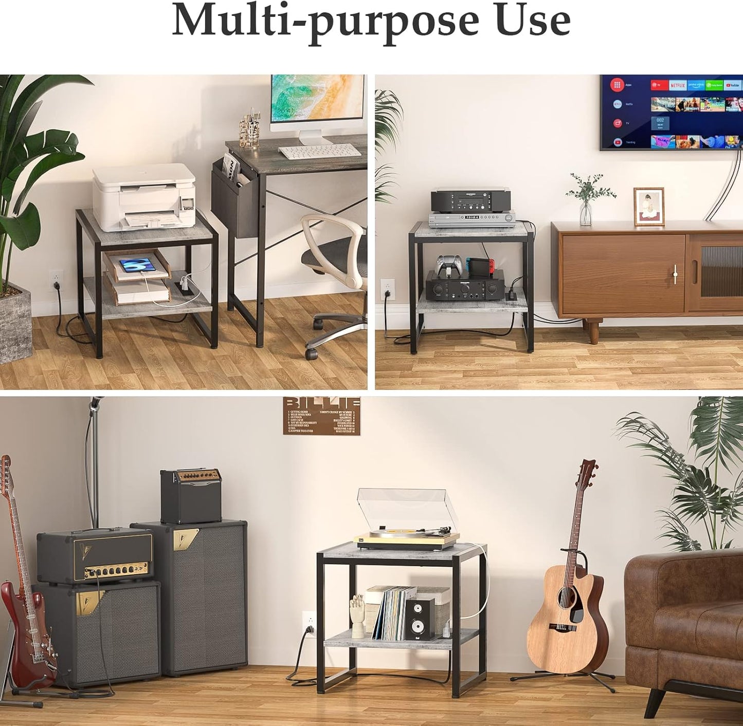 End Table with Charging Station, 20 Inch Square Side Table with USB Ports & Power Outlets, Black Nightstand with 2-Tier Storage Shelf, Mini Fridge Stand for Small Spaces, Black -2 Pack