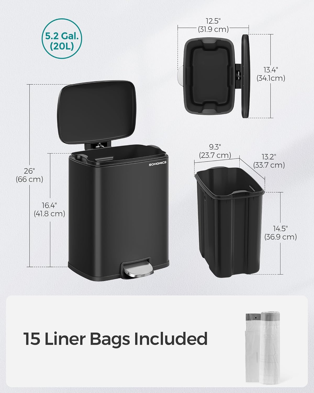 Trash Can, Garbage Can with Lid, 5.2-Gallon (20L) Step Trash Bin for Kitchen, Stainless Steel, Soft Close and Stays Open, Inner Bucket, Includes 15 Trash Bags, Black ULTB543B01