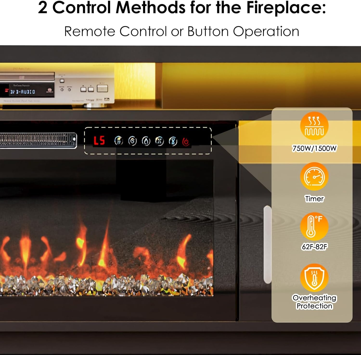 TV Stand with Fireplace, 67In Entertainment Center with Opening Shelves Modern Storage Cabinets and LED Lights, for 80 Inch Tvs, for Living Room, Black