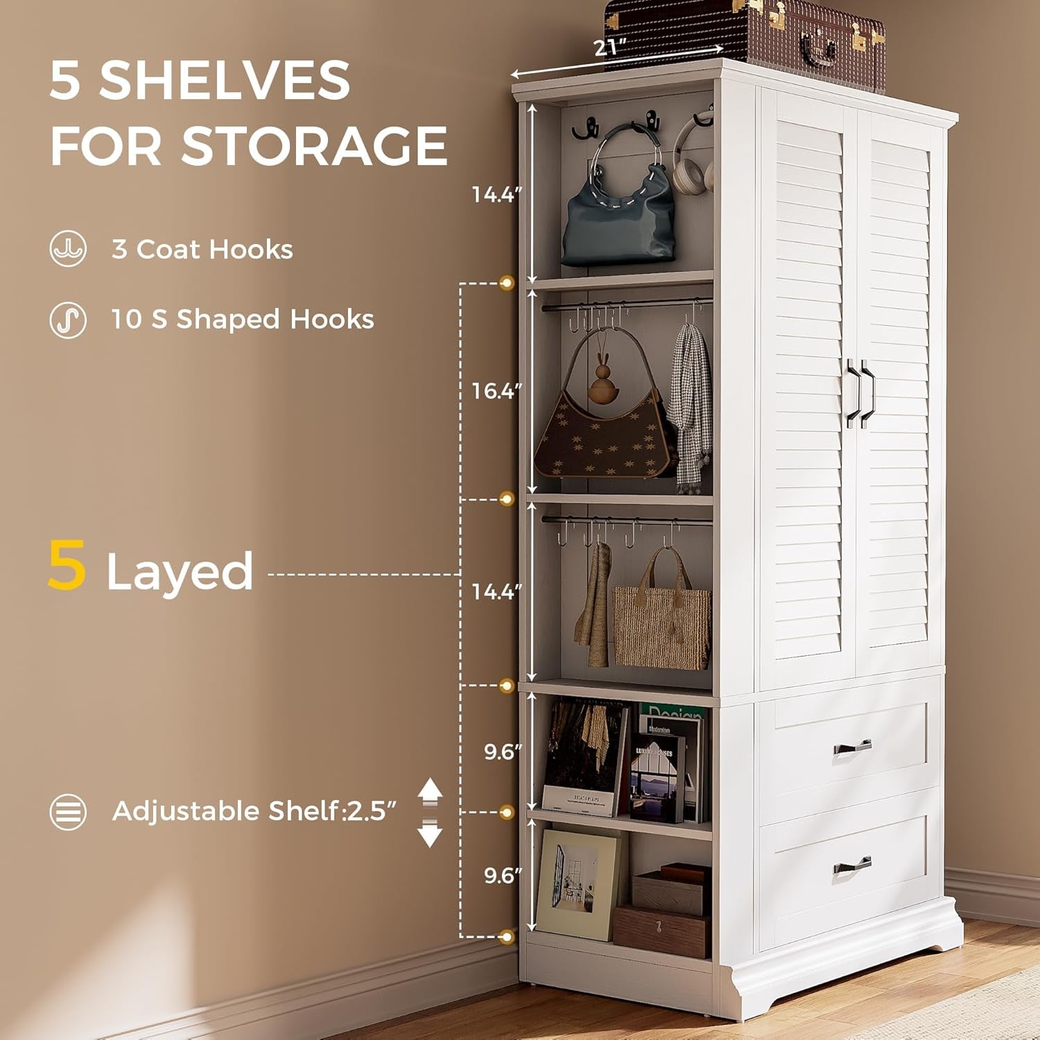 Armoire Wardrobe Closet, 70.87" H Wooden Bedroom Armoire with 2 Louvered Doors, 2 Drawers and Shelves, Large Freestanding Clothing Storage Cabinet, White
