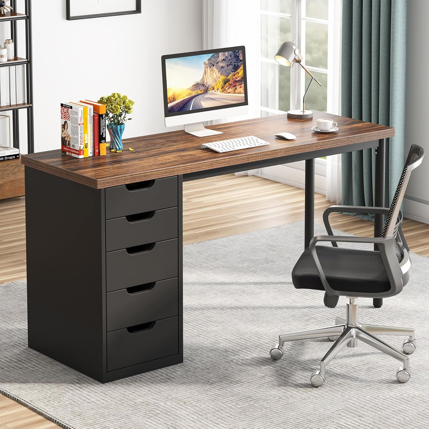 Computer Desk with 5 Drawers, 47 Inches Rustic Brown Home Office Desk with Storage, Modern Simple Laptop Desk Study Writing Table for Small Spaces (1, Brown+Black)