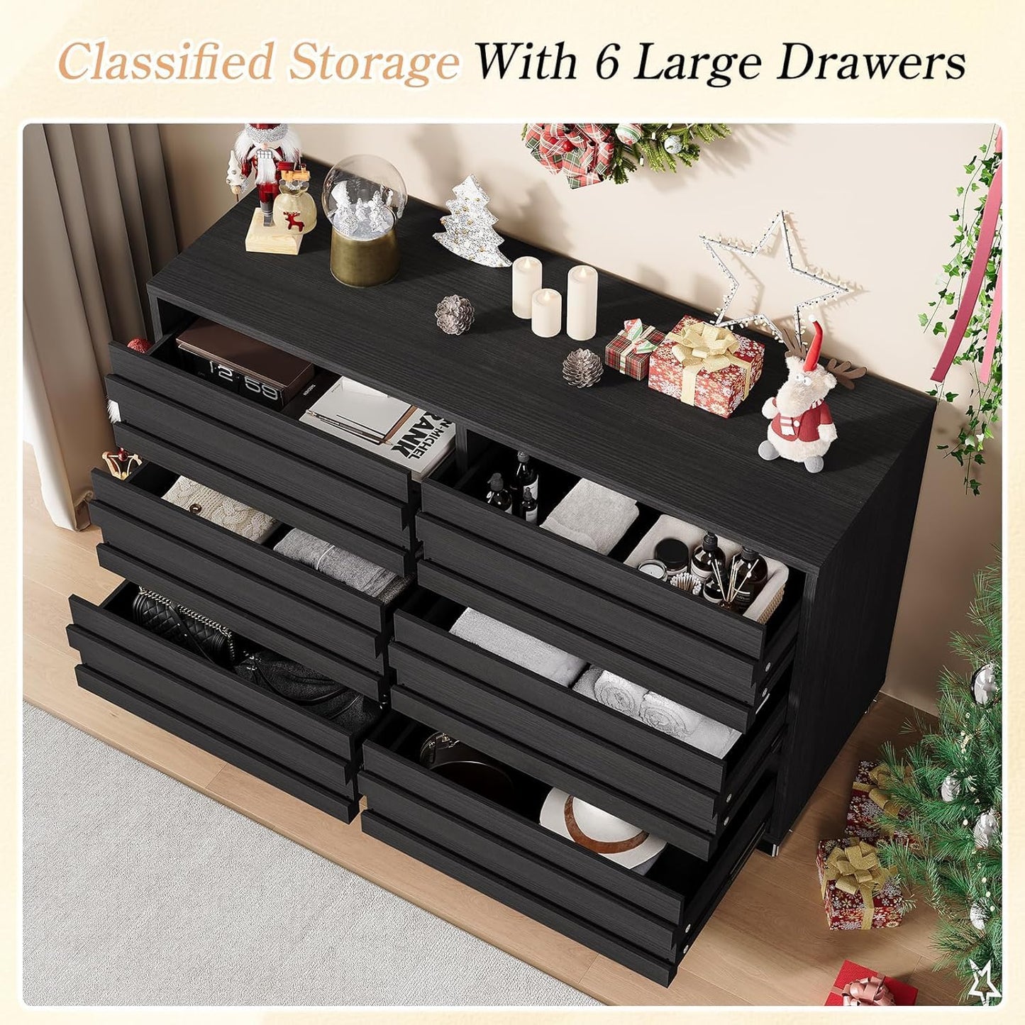 2 Pcs Bedroom Furniture Sets - Includes 1 X Farmhouse 6 Drawers Dresser, 1X Farmhouse Full Size Bed Frame with 49" Tall Headboard, Wooden Platform Bed with Hidden Metal Bed Frame, Black