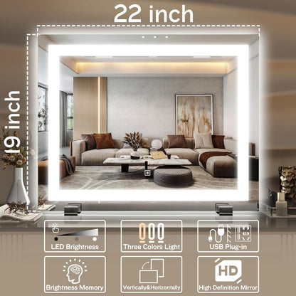 22"X20" Lighted Vanity Mirror – Large Makeup Mirror with 3-Color Dimmable LED Lights, 10X Magnification, Touch Control, Tabletop or Wall Mount Mirror for Bedroom & Dressing Room (White)