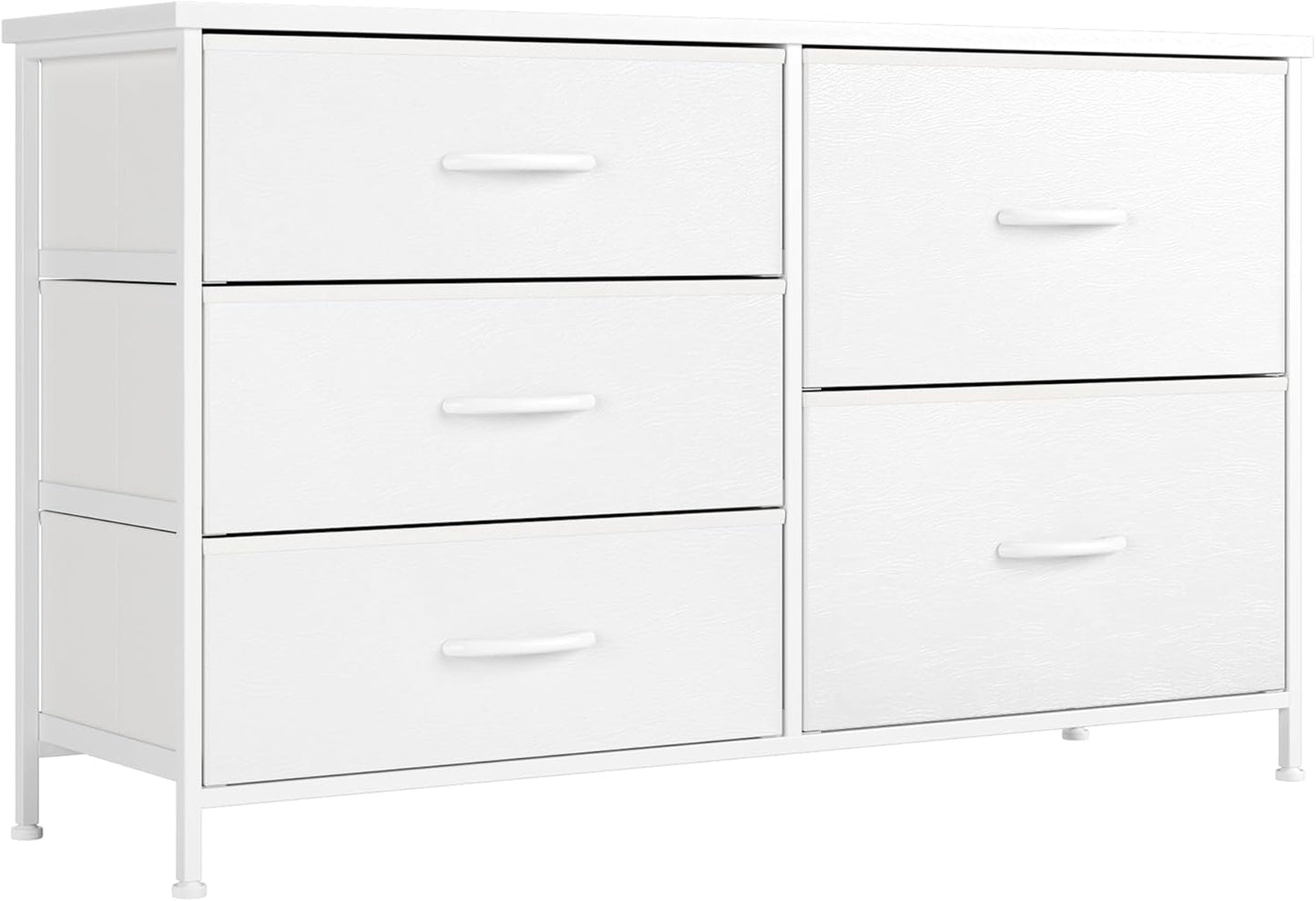 White Dresser for Bedroom with 5 Drawers, Small Dresser for Kids' Bedroom, Closet, Wide Chest of Drawers with Fabric Storage Drawers, Wooden Top, Steel Frame, Modern, White