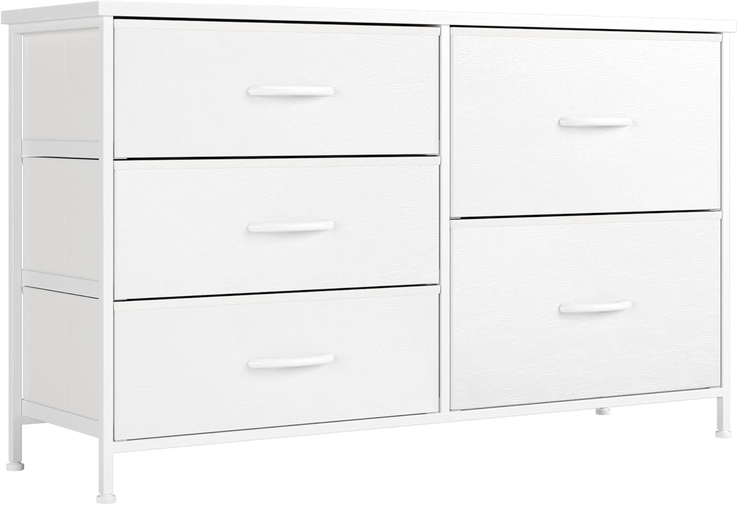 White Dresser for Bedroom with 5 Drawers, Small Dresser for Kids' Bedroom, Closet, Wide Chest of Drawers with Fabric Storage Drawers, Wooden Top, Steel Frame, Modern, White