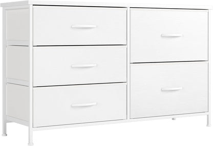 White Dresser for Bedroom with 5 Drawers, Small Dresser for Kids' Bedroom, Closet, Wide Chest of Drawers with Fabric Storage Drawers, Wooden Top, Steel Frame, Modern, White