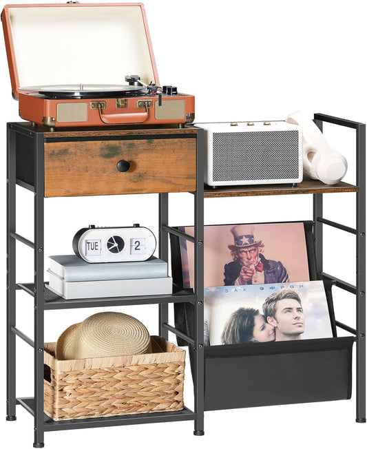 Record Player Stand with Vinyl Storage, Turntable Stand with Record Storage and Display Shelf, Media Cabinet with Drawer for Living Room, Bedroom,Rustic Brown BF75CJ01