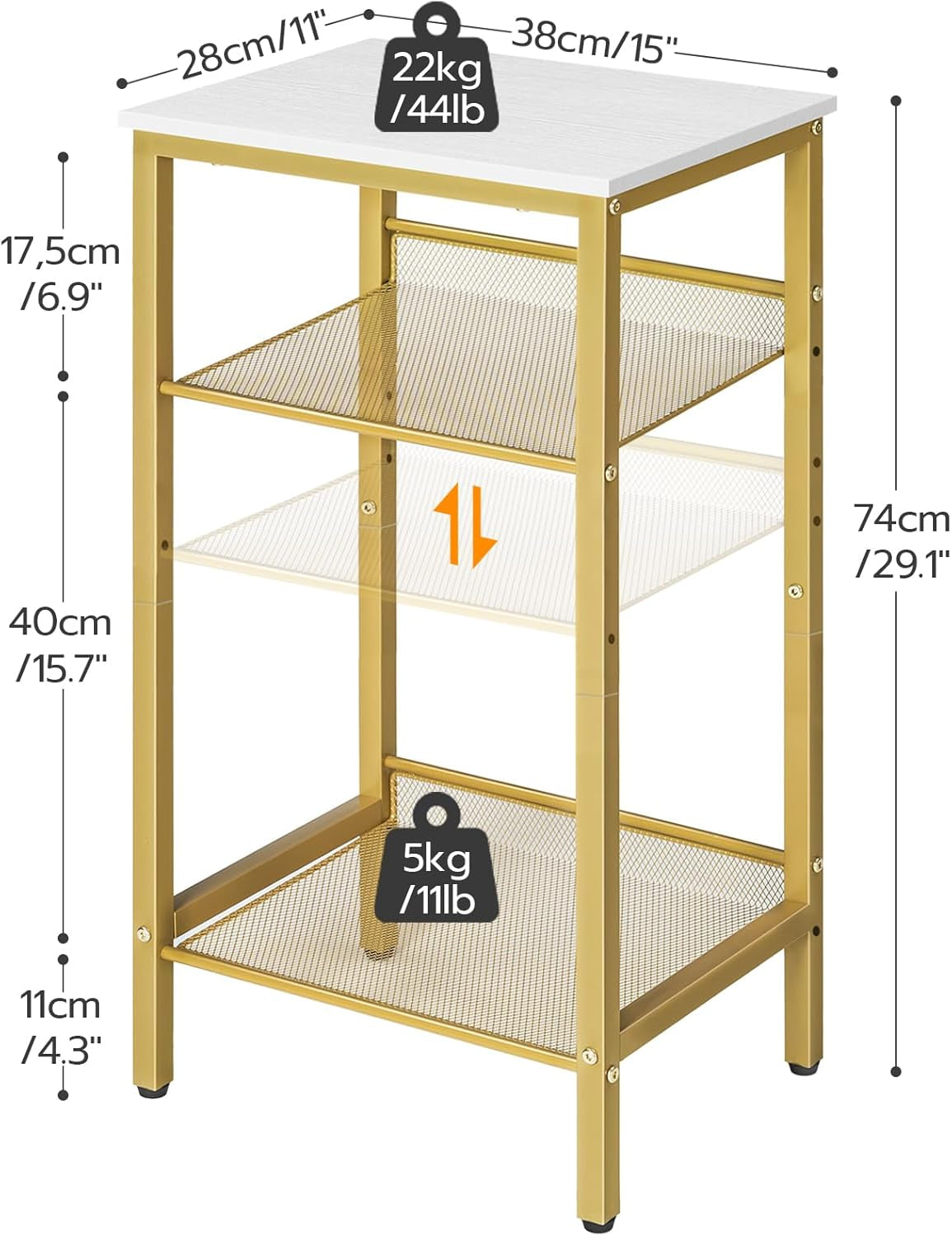 Side Table, 3-Tier Tall End Telephone Table with Adjustable Mesh Shelves, Small Entryway Stand for Living Room Bedroom Hallway or Office, White and Gold DW01DH01G1