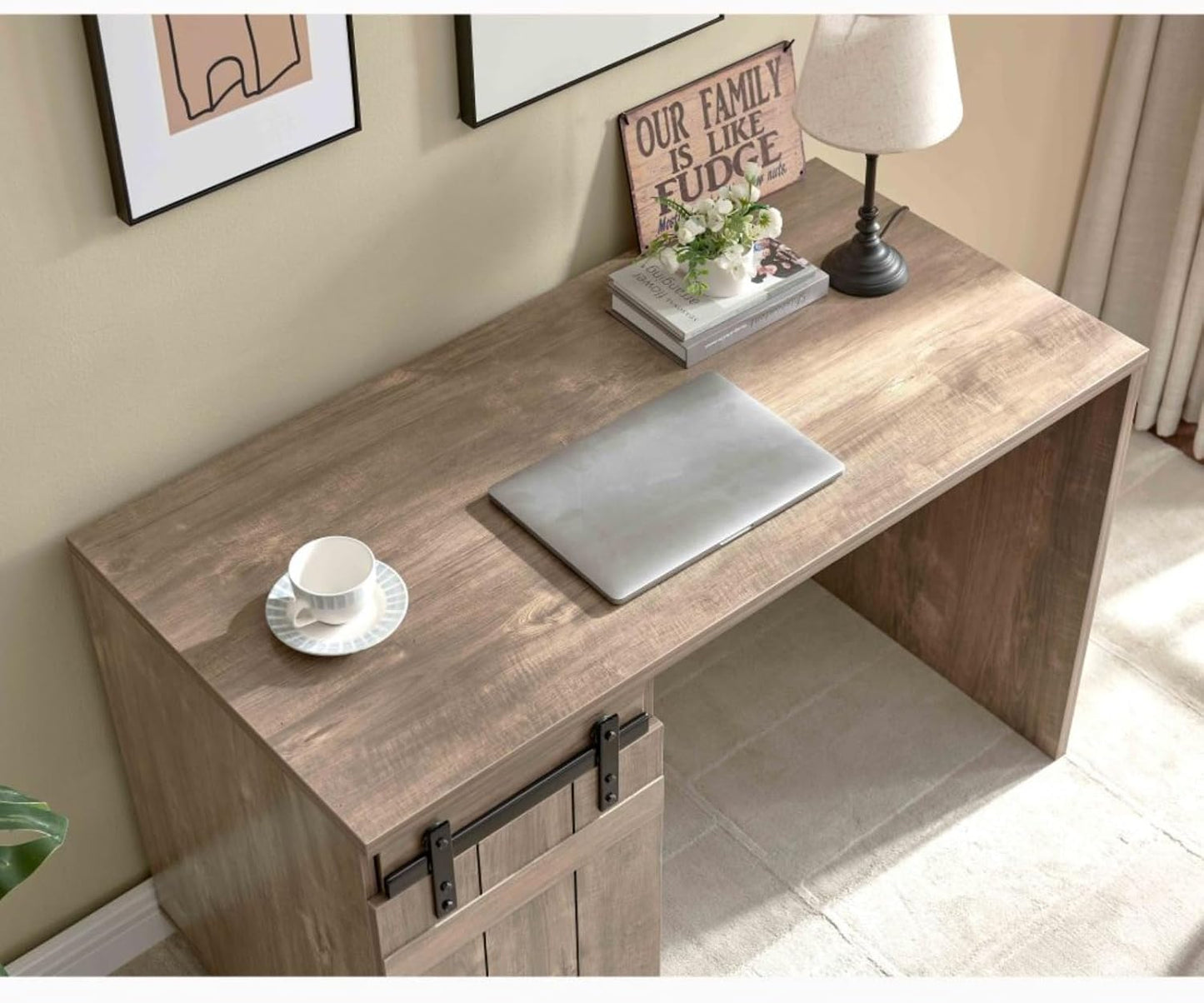 Farmhouse Style Home Office Laptop Computer Desk with One Cabinet and Three Shelves, Durable Study Writing Table with Metal Euro Cabinet Hinges