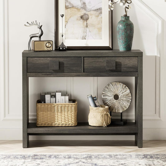 Console Table with Drawers, 40 Inch Narrow Entryway Table with Open Storage Shelves, Mid Century Modern Hallway Accent Tables behind Couch Table for Living Room (Black Smoky)
