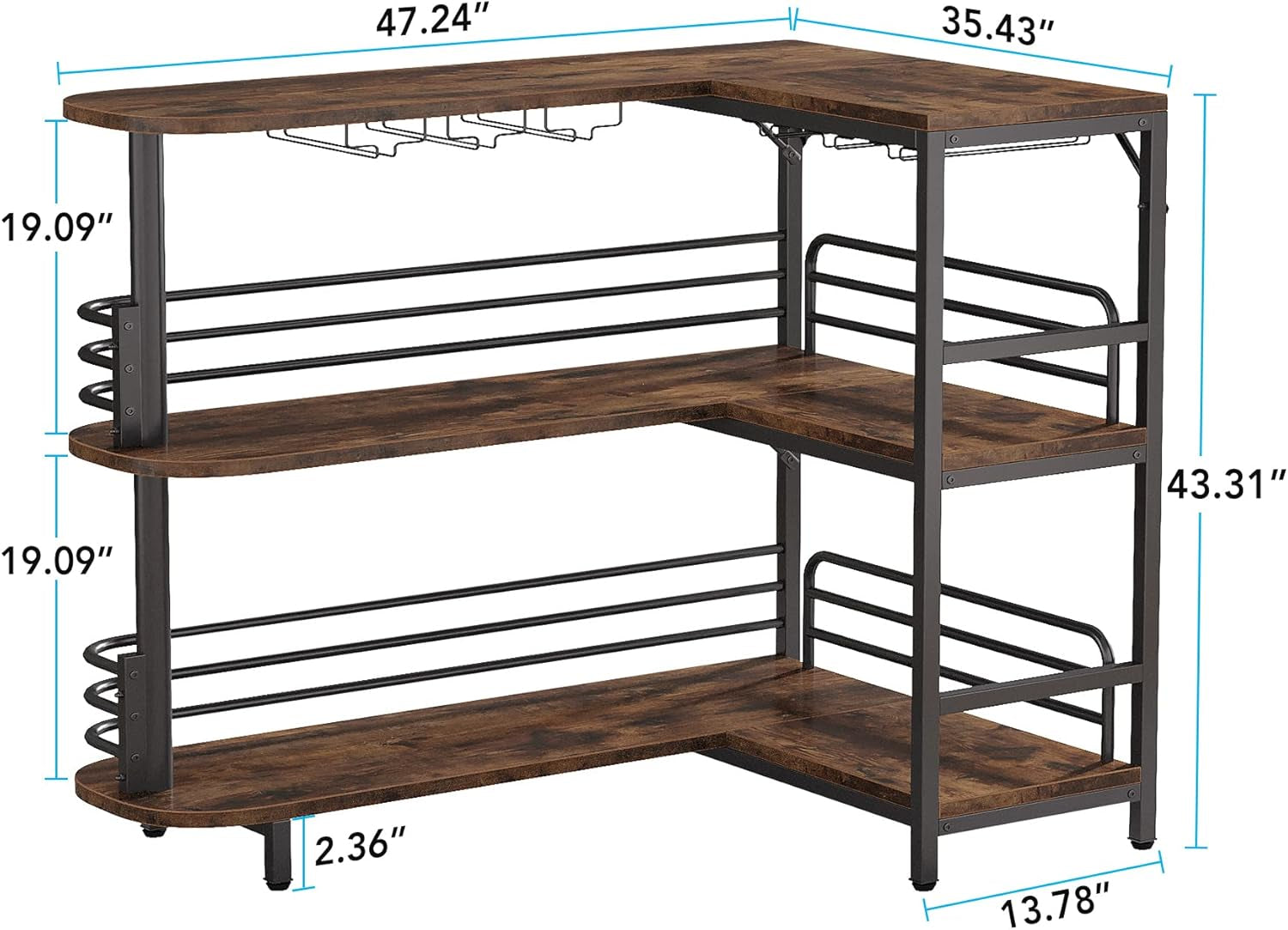 L-Shaped Home Bar Unit, 3 Tier Liquor Table with Storage Shelves and Wine Glasses Holder, Industrial Corner Wine Cabinet Mini Bar for Home Kitchen Pub, Rustic Brown