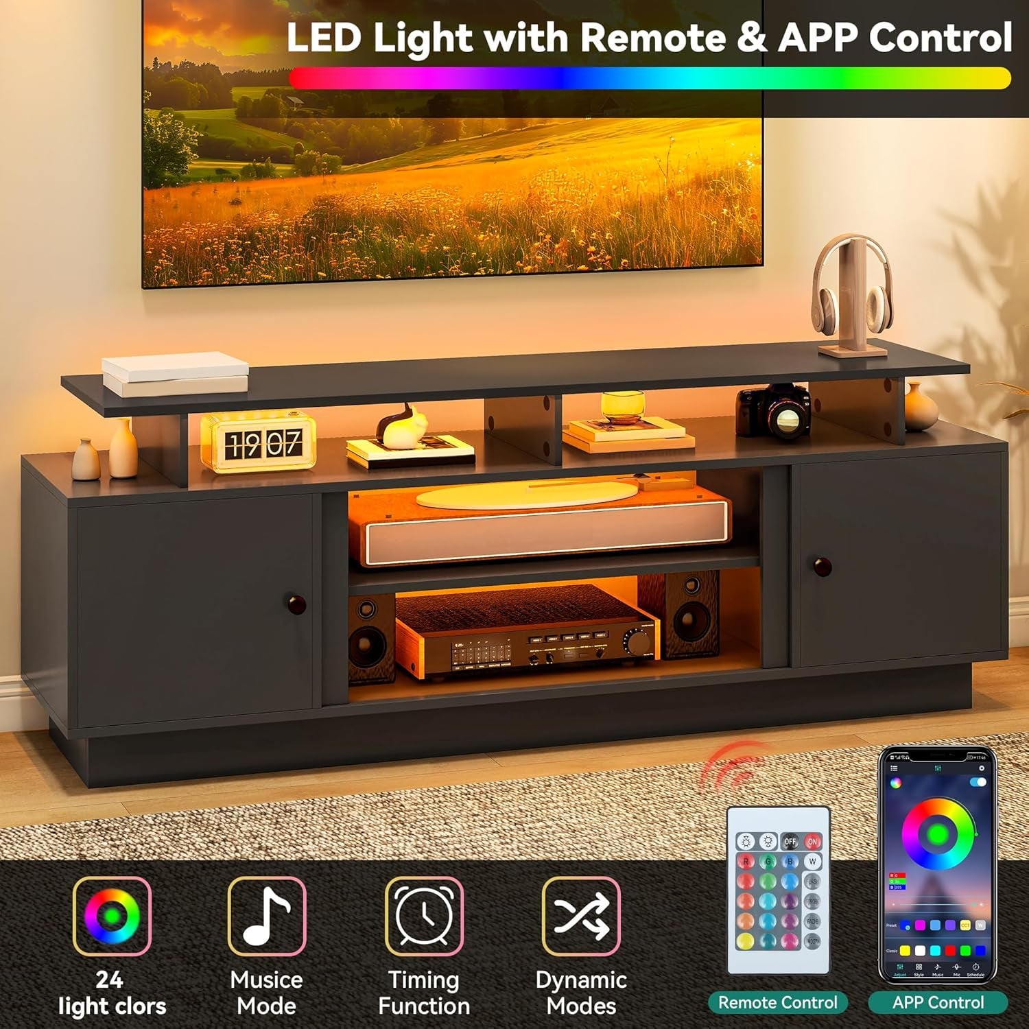 Modern TV Stand with LED Lights for up to 80 Inch Tvs, Entertainment Center with Storage Cabinets & Movable Partition for Living Room (Black)