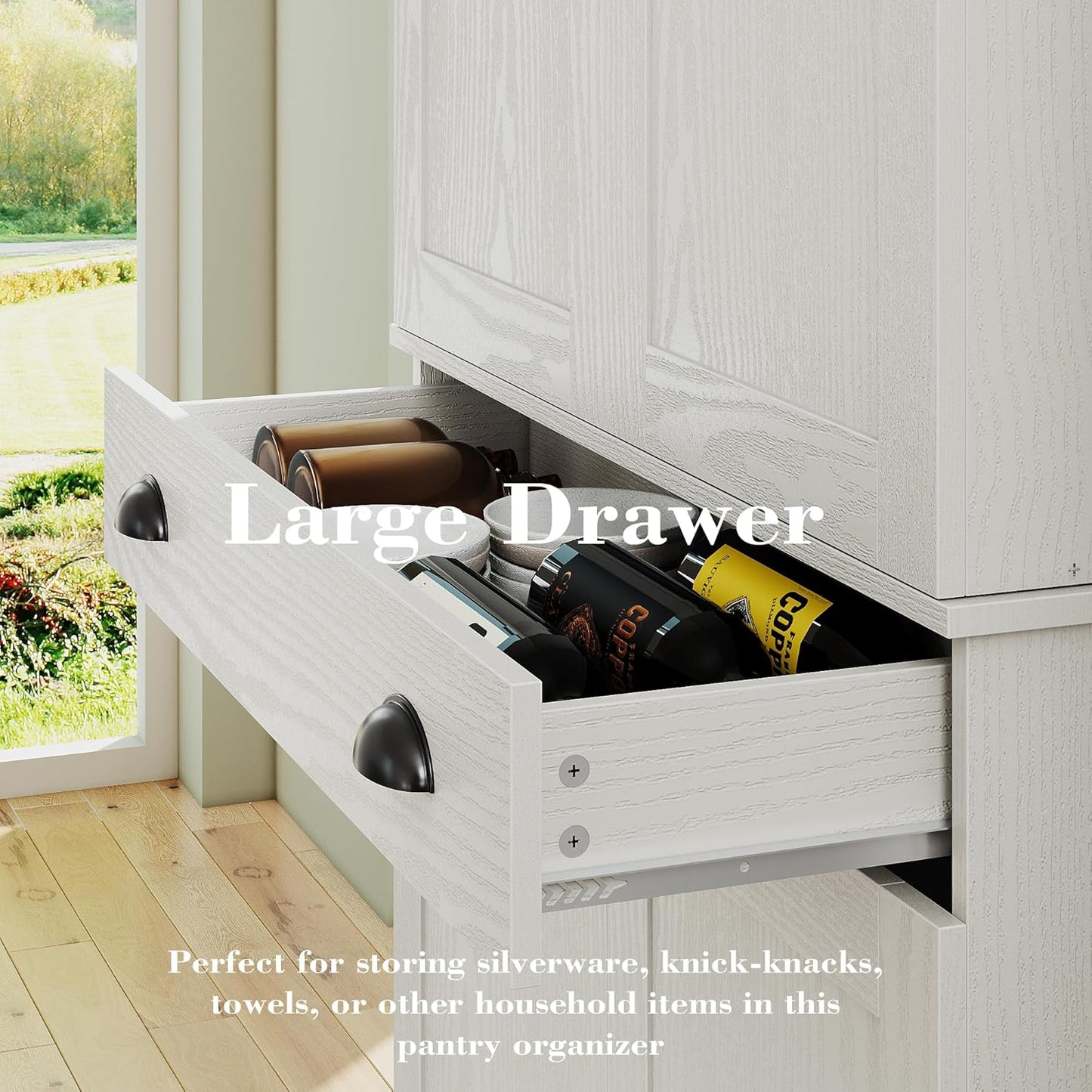 Kitchen Pantry Cabinet 72" Height, Freestanding Cupboard with Drawer, Sliding Storage Rack, and 6 Hanging Shelves for Dining Room, Laundry, White
