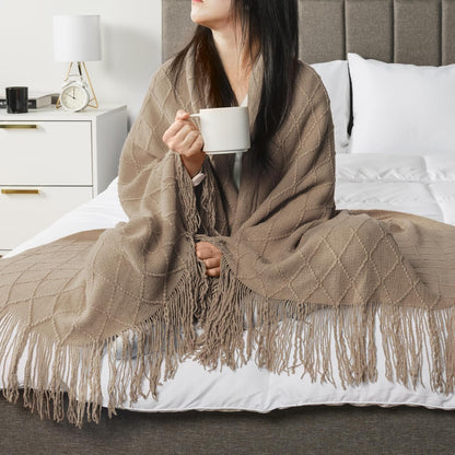 Tan Taupe Knit Throw Blanket for Couch Bed, Soft Knitted Farmhouse Sofa Throw for Living Room, Lightweight Decorative Fall Throw Blanket for Chair, Outdoor Textured Boho Blanket, 50X60