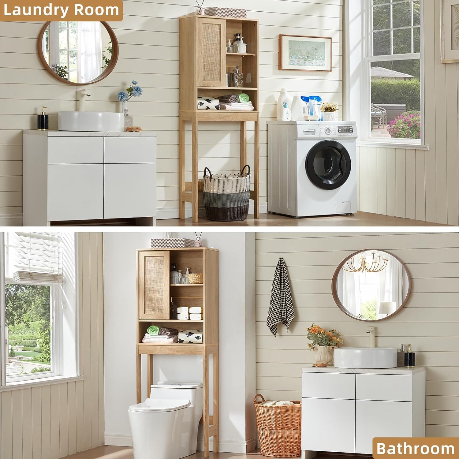 over the Toilet Storage Cabinet with Rattan Sliding Door, 68" Tall Wood above Toilet Bathroom Organizer W/Adjustable Shelf & Curved Profile, Space Saver Freestanding Washer Shelf, Natural