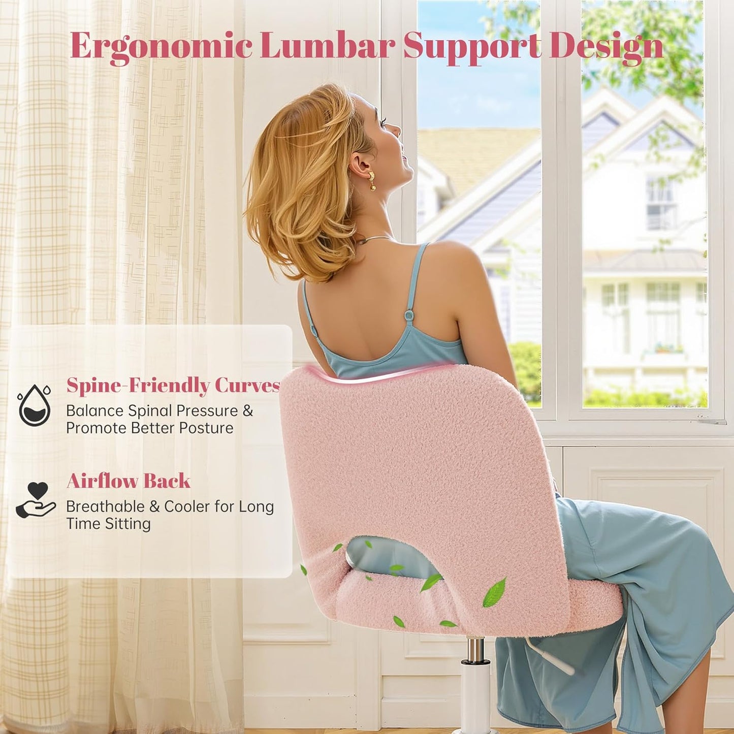 Vanity Chair with Wheels Pink,Cute Vanity Chair with Back,Ultra-Plush Fleece Cute Desk Chair, Small Office Chair Height Adjustable,For Make-Up Room,Bedroom