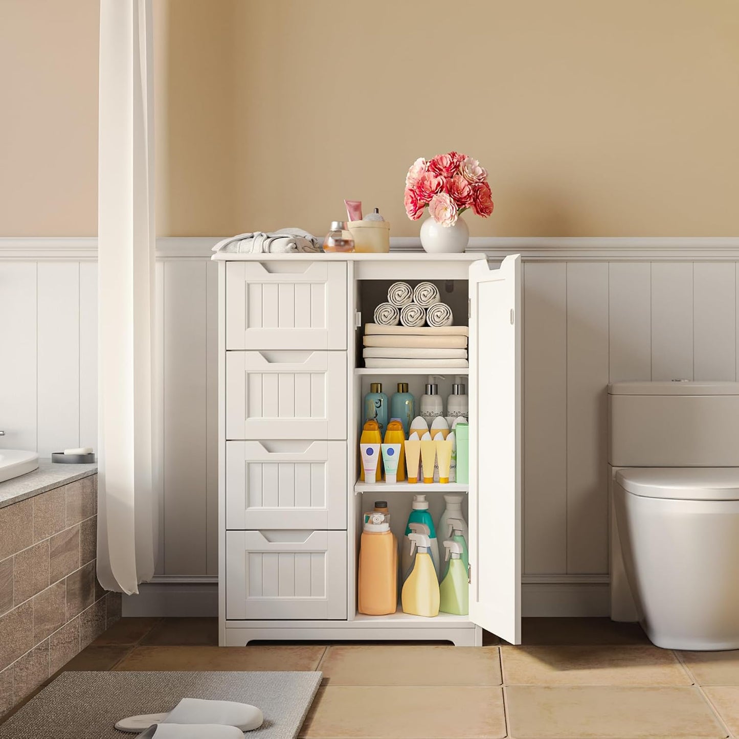 Small Pantry with Door and Shelves, 33'' Kitchen Pantry Storage Cabinet Freestanding Wooden Bathroom Storage Cabinet with 4 Drawers for Kitchen and Dining Room, White
