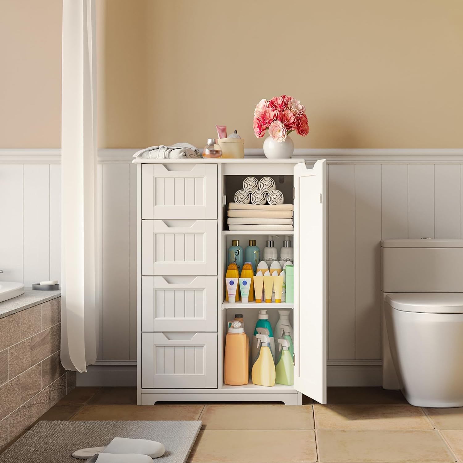 Small Pantry with Door and Shelves, 33'' Kitchen Pantry Storage Cabinet Freestanding Wooden Bathroom Storage Cabinet with 4 Drawers for Kitchen and Dining Room, White