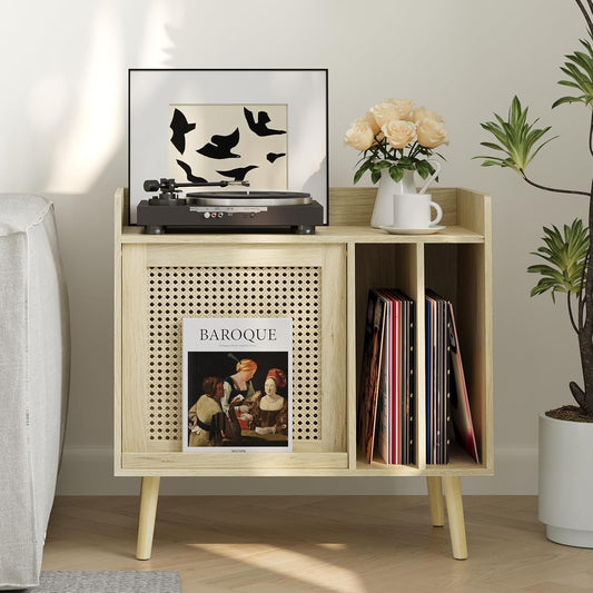 Record Player Stand with Vinyl Storage, Record Player Table with Rattan Cabinet Door, Vinyl Record Holder with Display Area, Side Table with Solid Wood Legs for Turntables for Living Room