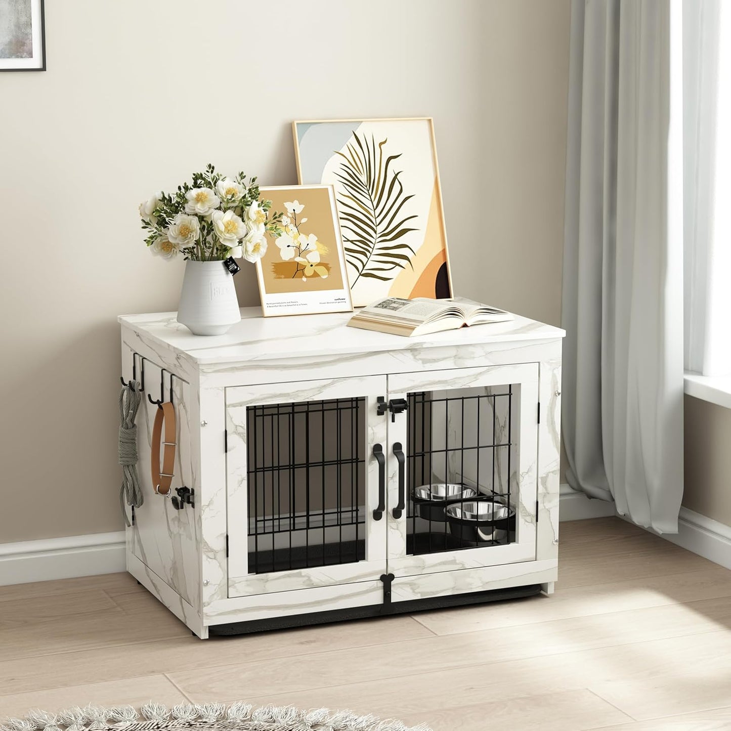 Wooden Dog Crate Furniture with 360°Rotatable Removable Dog Bowls, Dog Crate End Table with Tray, Double Doors Dog Kennels for Dogs(Xl:43.2" L*28.6" W*30.3" H, Marble White)