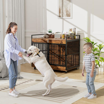 45 Inch Dog Crate Furniture for Large Dog with 2 Stainless Steel Bowls, Large Wooden Dog Crate Table, XL Heavy Duty Dog Kennel Indoor, for Decorate House as TV Stand, End Table