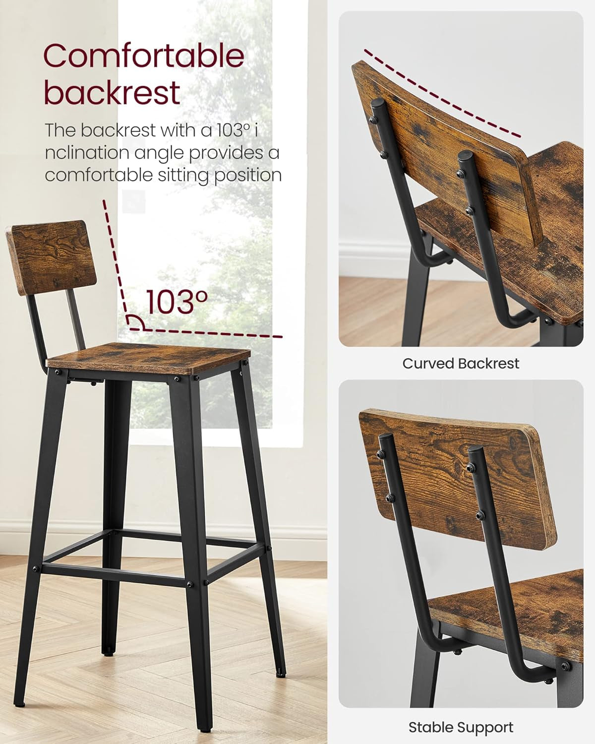 Set of 4 Bar Stools, Bar Height Stools, 29.1 Inches Tall Barstools with Back, Counter Bar Chairs for Kitchen Island, Steel Frame, Industrial Style, Easy Assembly, Rustic Brown and Ink Black
