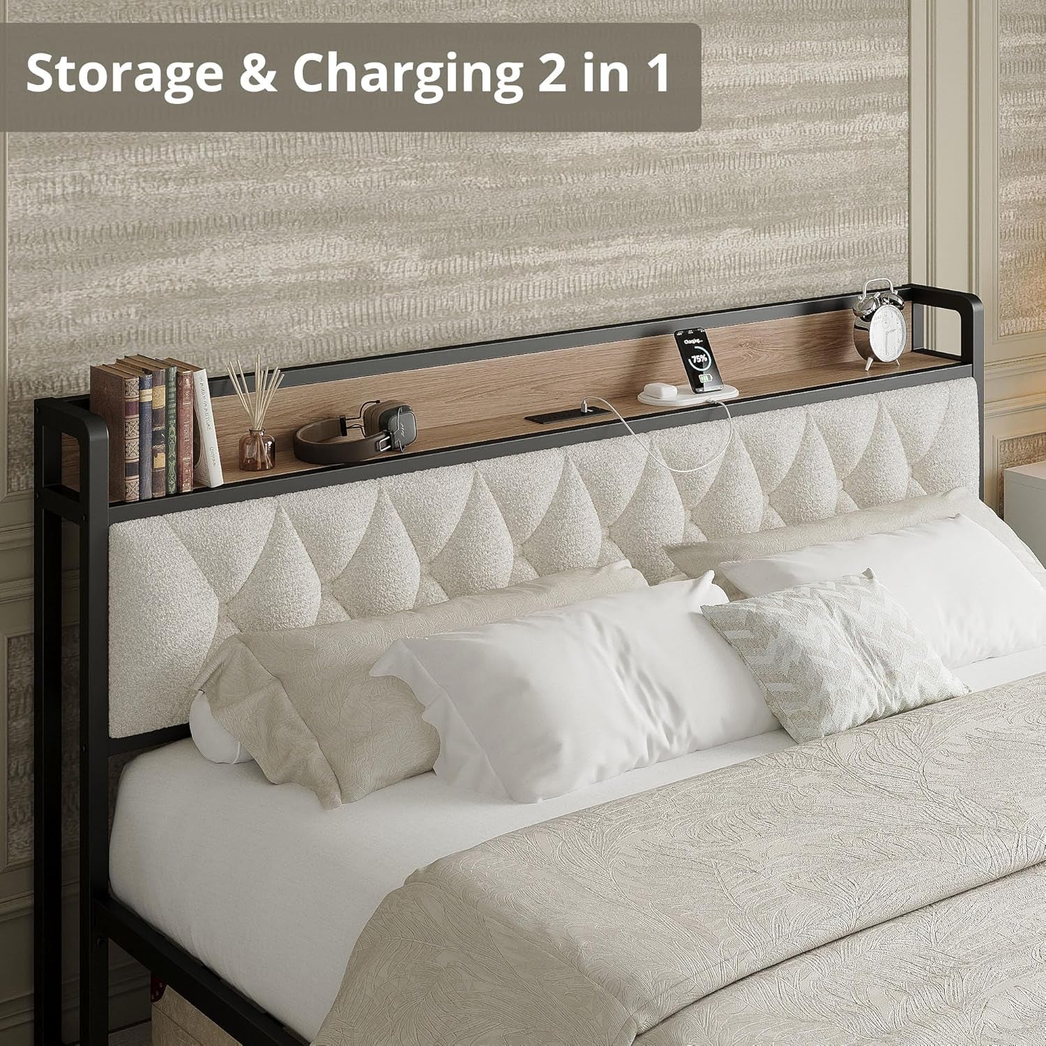 King Bed Frame, Storage Headboard with Charging Station, Platform Bed Frame with Strong Metal Support, Sturdy and Stable, Noise Free, No Box Spring Needed, Easy Assembly