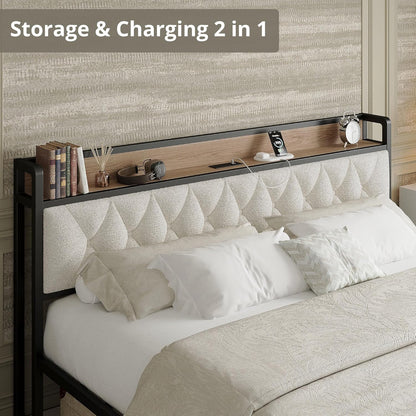 California King Bed Frame, Storage Headboard with Charging Station, Platform Bed Frame with Strong Metal Support, Sturdy and Stable, Noise Free, No Box Spring Needed, Easy Assembly