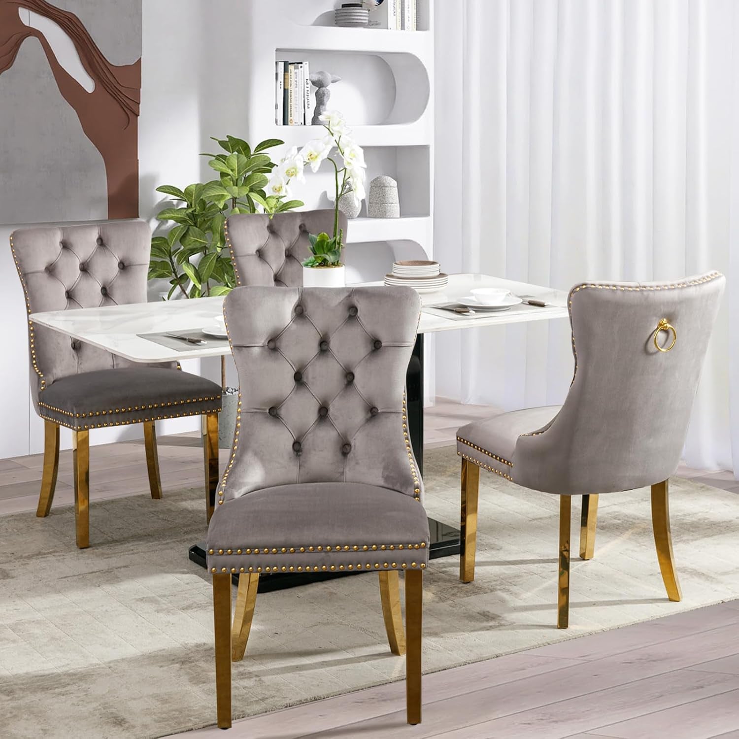 Velvet Dining Chair Set of 4, Upholstered Tufted Dining Room Chair with Nailhead Trim and Solid Gold Plated Leg for Kitchen (Grey)