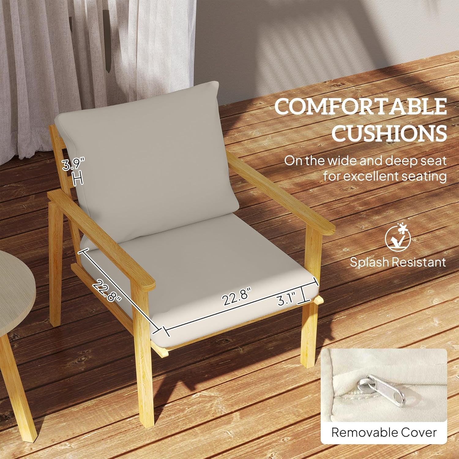 Outdoor Bistro Set, 3 Piece Patio Set, Wood Effect Steel round Table and Chairs with Wide and Deep Seat, Small Conversation Patio Furniture with Cushions for Backyard, Porch, Cream White
