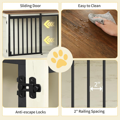 78" Dog Crate Furniture for 2 Dogs, Double Dog Cage with Divider, Wooden Heavy Duty Dogs Kennel, Pet Cage with Barn Door, TV Stand for Large Small Medium Dogs, White Brown DFC83714BV1