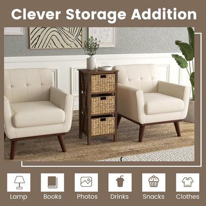 Nightstand Set of 2 with 3 Wicker Storage Baskets, Sofa Side Table with Rubber Wood X-Shaped Frames & Acacia Wood Legs, Bedside Table, End Table for Bedroom, Small Space