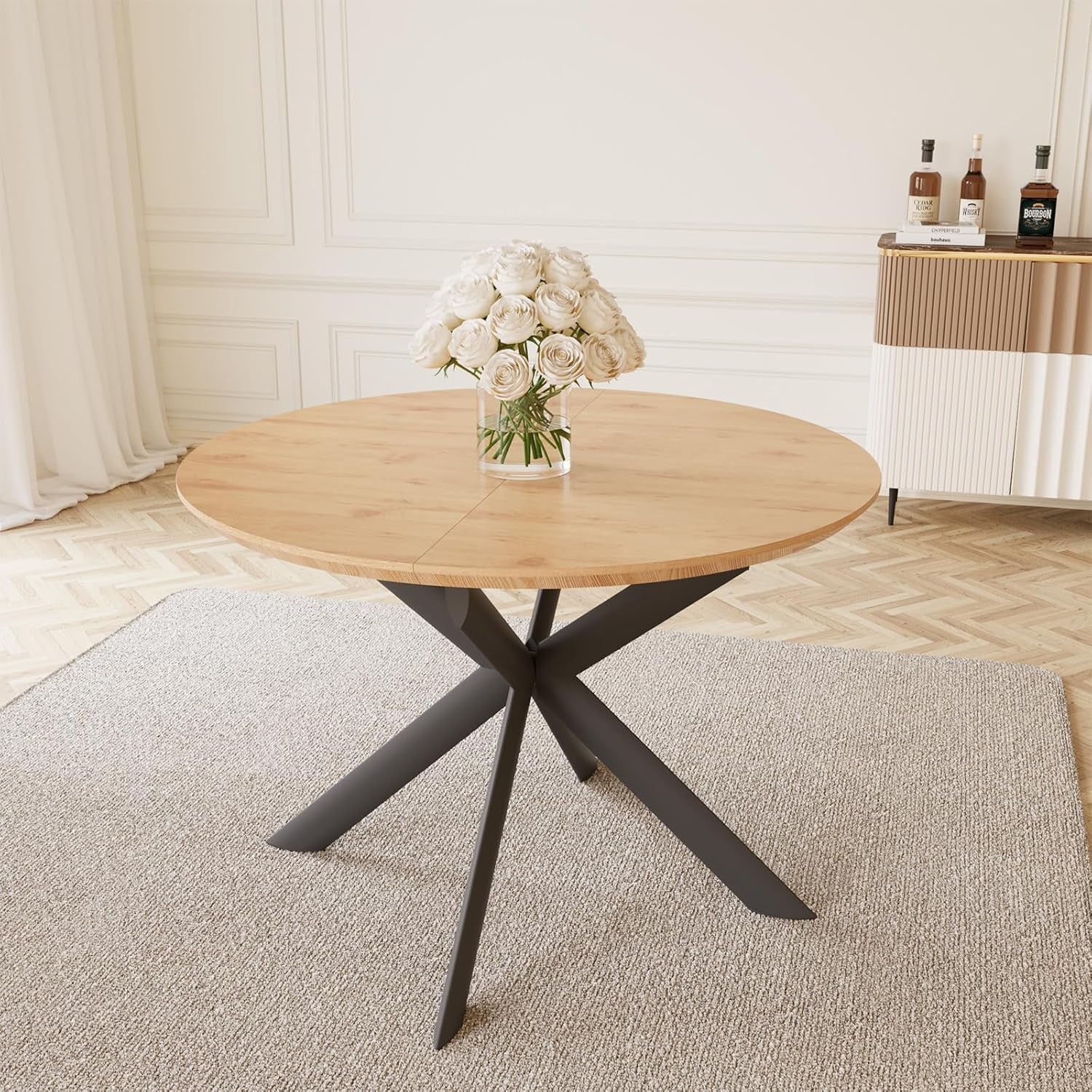 43.2"-59.1" Extendable round Dining Table Set, Kitchen Table for 4-6 Person with Scratch-Resistant Thickened MDF Board, Oak Coffee Table W/Metal Legs