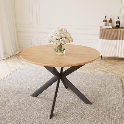 43.2"-59.1" Extendable round Dining Table for 4-6 Person, Modern Wooden MDF round Kitchen Table, Oak Coffee Table W/ 4 PU Leather Chairs