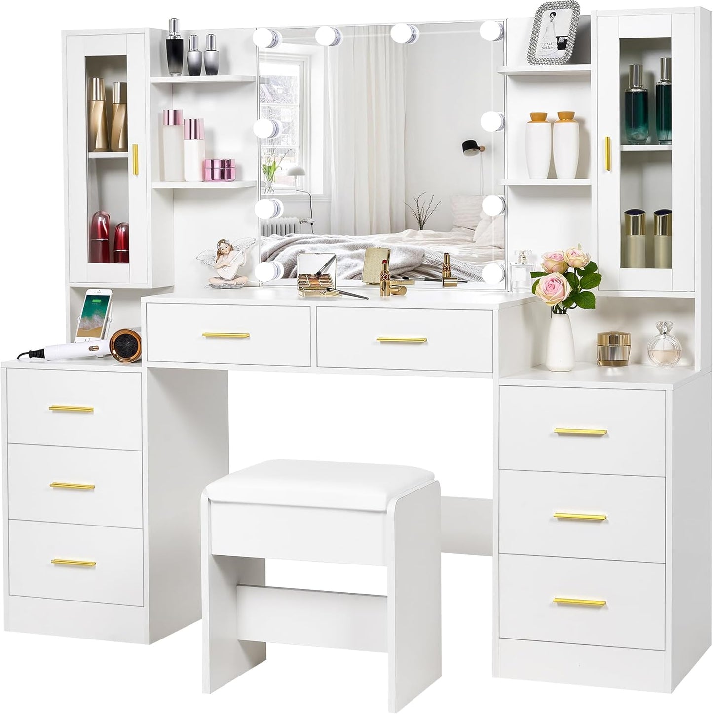 59.1" Large Vanity Desk with Mirror & Lights White Makeup Vanity Set with Power Outlet and 8 Drawers 3 Lighting Modes Adjustable Dressing Table for Girl Women Bedroom Dressing Room UBDT67W