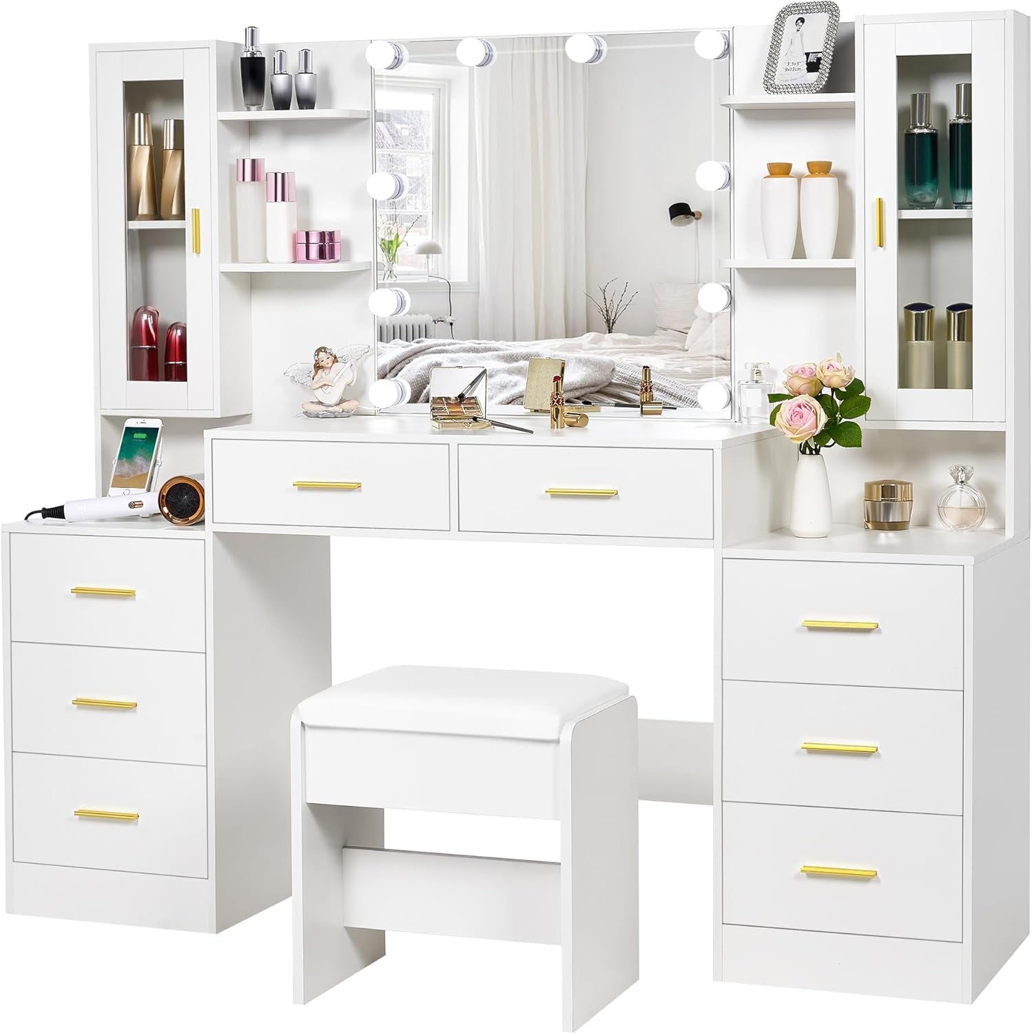 59.1" Large Vanity Desk with Mirror & Lights White Makeup Vanity Set with Power Outlet and 8 Drawers 3 Lighting Modes Adjustable Dressing Table for Girl Women Bedroom Dressing Room UBDT67W
