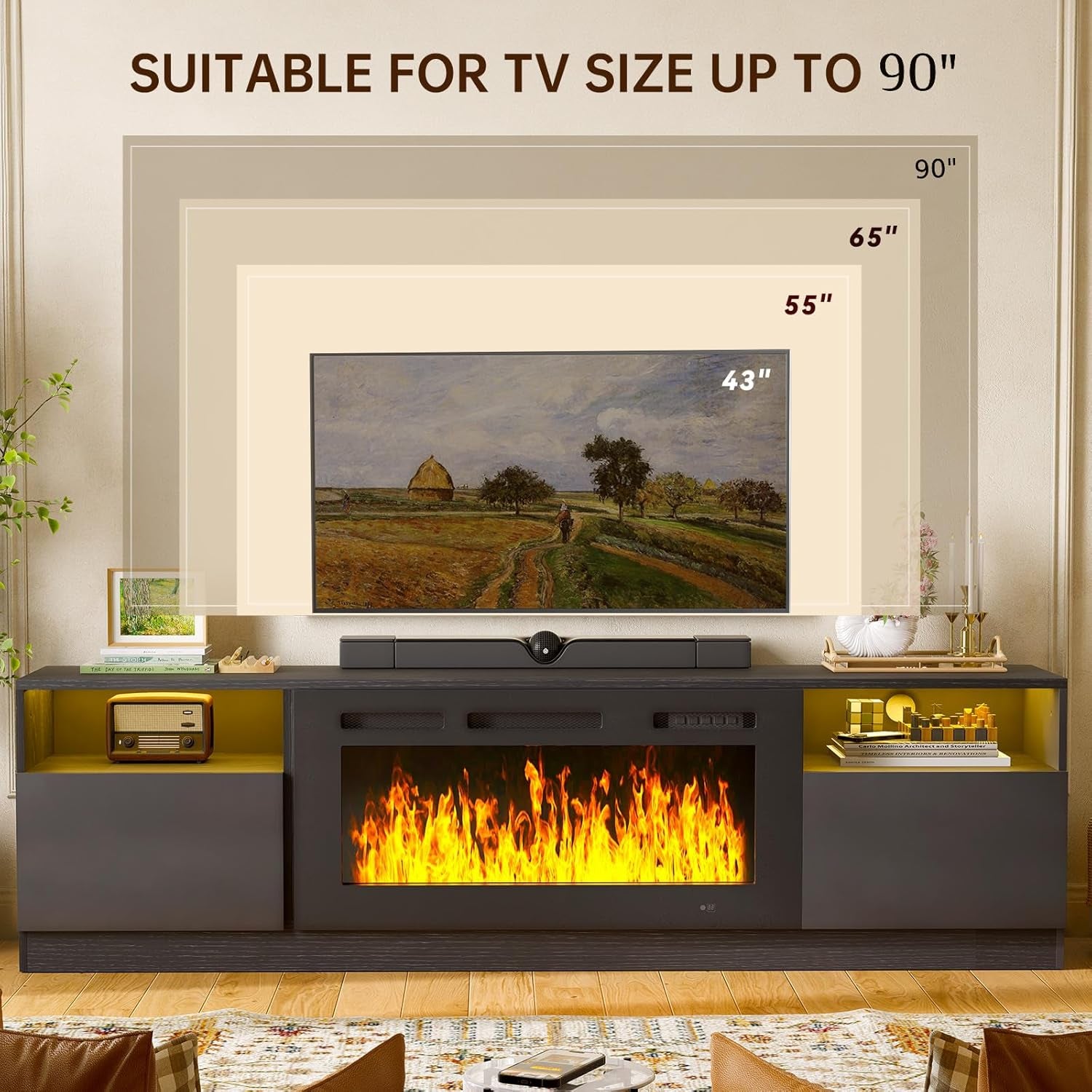 80" Fireplace TV Stand for Tvs up to 90", LED Light Entertainment Center with 36" Electric Fireplace, Modern Wood Texture TV Media Console with Highlight Storage Cabinet, Black+Black