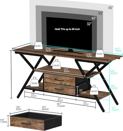 TV Stand with Power Outlet and LED Lights, Fits Tvs up to 65”, 2 Fabric Drawers Entertainment Center with Open Storage Shelves, Media Console for Living Room, Bedroom (Rustic Brown)