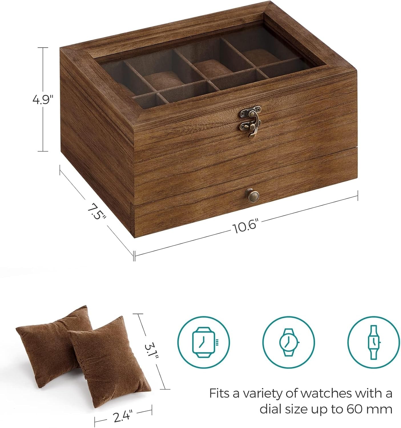 8-Slot Watch Box, 2-Tier Watch Display Case with Large Glass Lid, Removable Watch Pillows, Velvet Lining, Jewelry Box, Gift Idea, Rustic Walnut UJOW008K01
