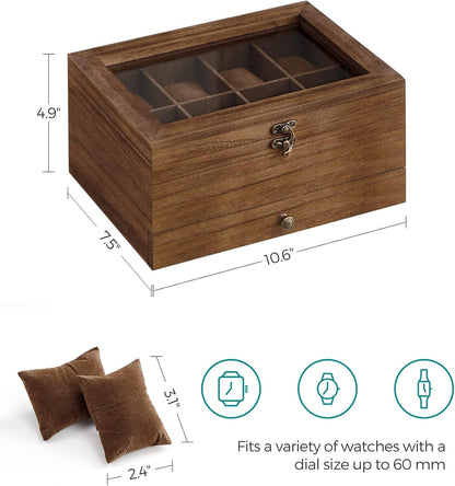 8-Slot Watch Box, 2-Tier Watch Display Case with Large Glass Lid, Removable Watch Pillows, Velvet Lining, Jewelry Box, Gift Idea, Rustic Walnut UJOW008K01