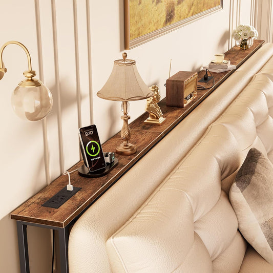 118 Inch Sofa Table with Power Outlets and USB-C Ports, 5.9 Inch Narrow Entryway Table, behind Couch Table with Storage, Extra-Long Console Table, Living Room, Rusitc Brown