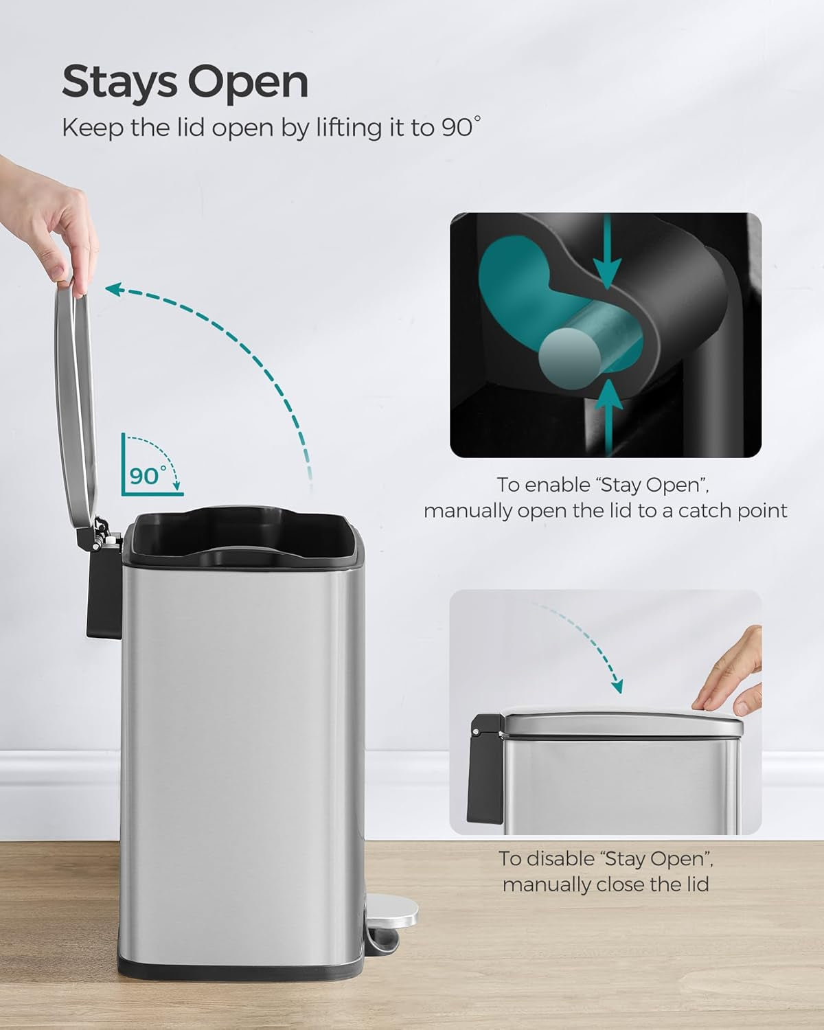 Trash Can, Garbage Can with Lid, 5.2-Gallon (20L) Step Trash Bin for Kitchen, Stainless Steel, Soft Close and Stays Open, Inner Bucket, Includes 15 Trash Bags, Silver ULTB543E01