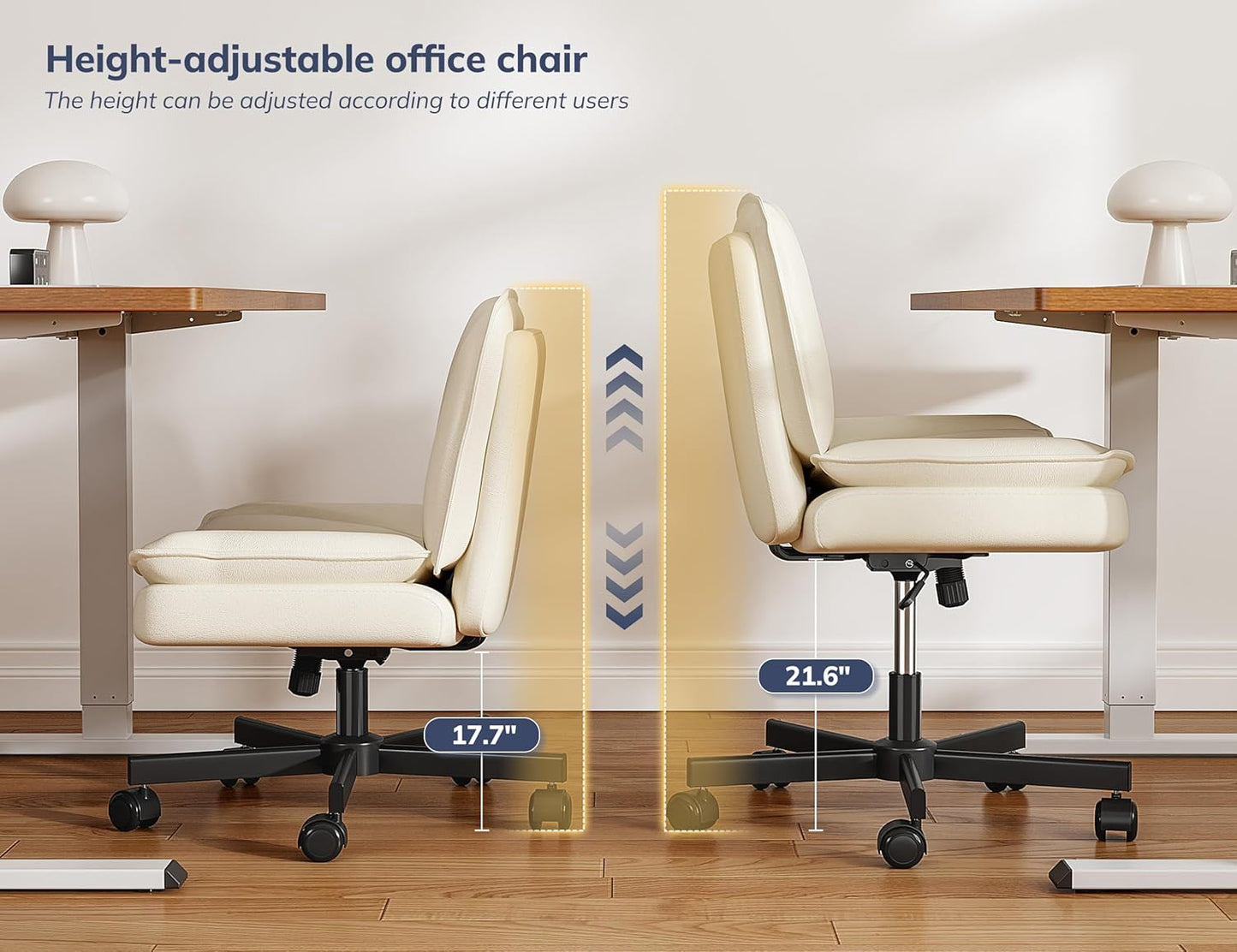 Criss Cross Chair with Wheels,Cross Legged Office Chair with 2 Layer Comfty Leather & Back,Armless Wide Vanity Chair for Home Office,Beige