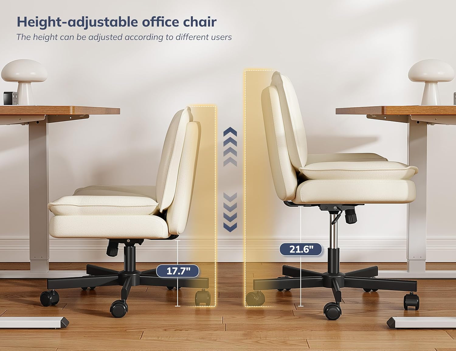 Criss Cross Chair with Wheels,Cross Legged Office Chair with 2 Layer Comfty Leather & Back,Armless Wide Vanity Chair for Home Office,Beige