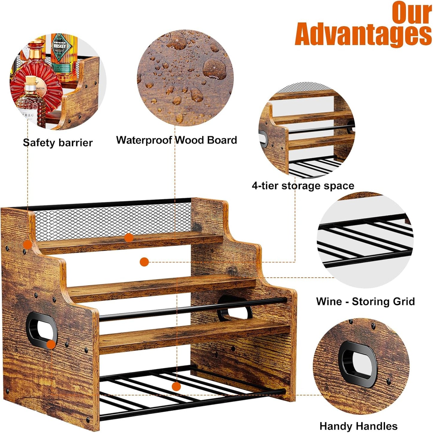 4-Tier Wood Display Shelf, Black Modern Bottle Organizer, Countertop Bar Stand for Liquor, Coffee Syrup, (Brown)