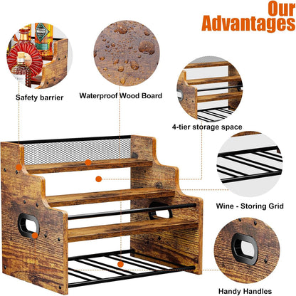 4-Tier Wood Display Shelf, Black Modern Bottle Organizer, Countertop Bar Stand for Liquor, Coffee Syrup, (Brown)