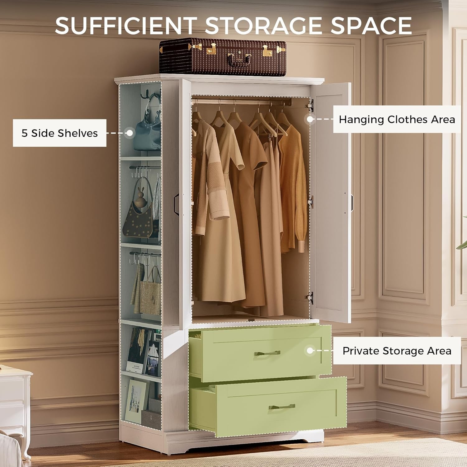 Armoire Wardrobe Closet, 70.87" H Wooden Bedroom Armoire with 2 Louvered Doors, 2 Drawers and Shelves, Large Freestanding Clothing Storage Cabinet, White