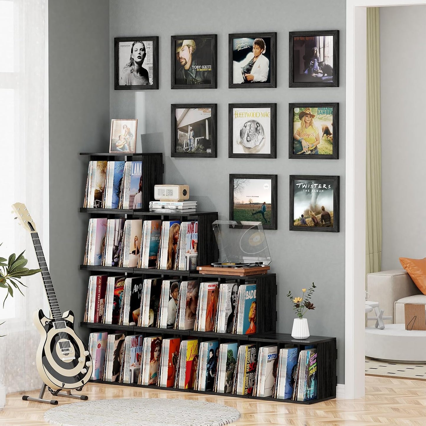 Vinyl Record Storage, Vinyl Record Stand Wall Mount up to 80-100 Albums, 3-Compartment Vinyl Record Holder